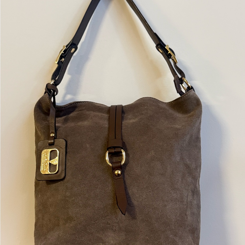 Valentina Brown Suede Shoulder Bag with Dark Leather Strap & Gold Hardware